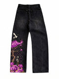 Crimson Sakura Embroidered Denim