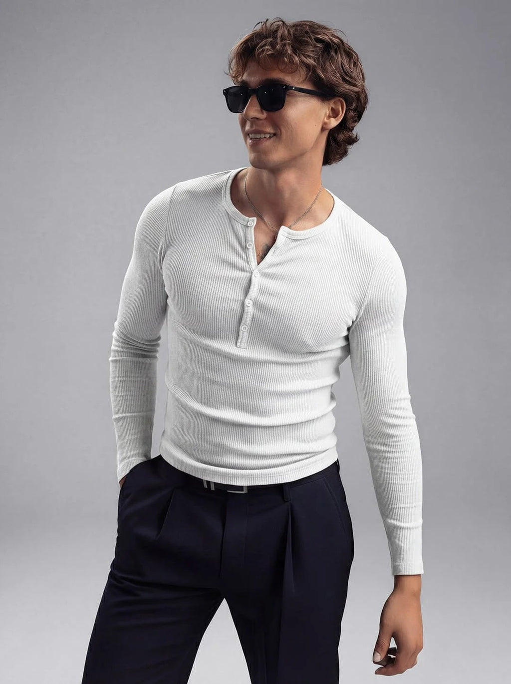 White Henley Long Sleeve Tee
