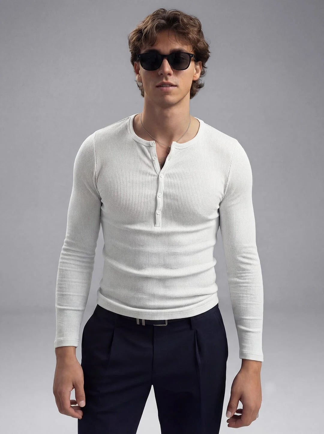 White Henley Long Sleeve Tee
